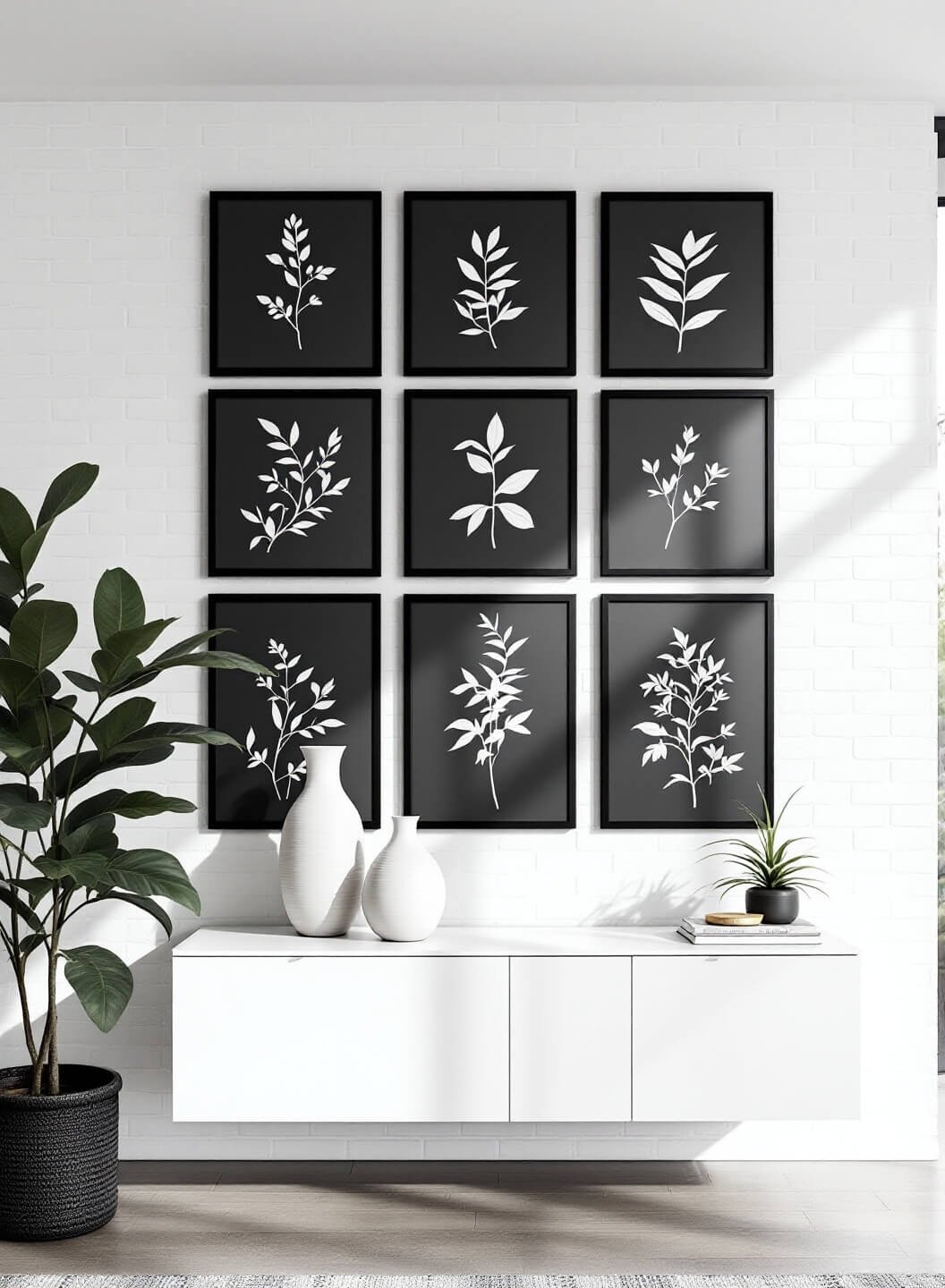 Sunlit modern living room with a gallery wall of black frames showcasing botanical prints on a white brick wall, with morning light from floor-to-ceiling windows and a white console table with ceramic vases displayed below.