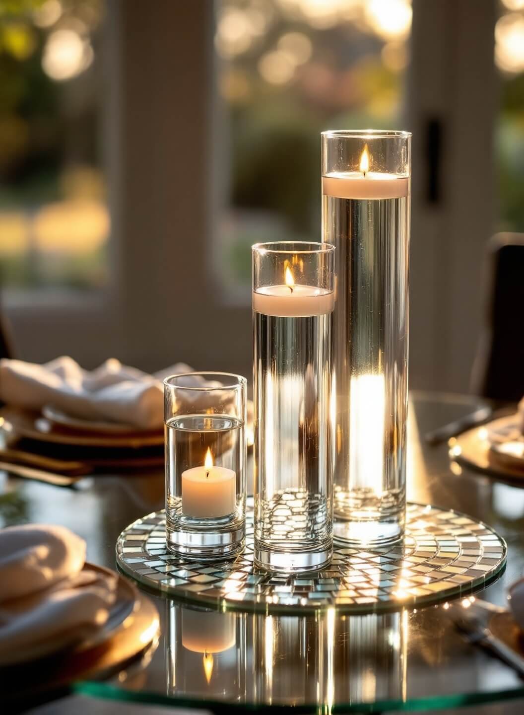 Intimate breakfast nook with bay window, round glass table and centerpiece of glass vases with floating candles in golden hour lighting.