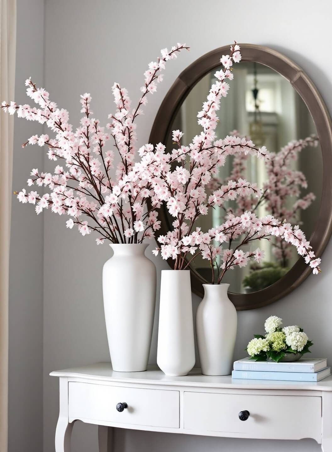 Morning light illuminating a spring-themed entryway with architectural arch, showcasing a vintage console table holding three white ceramic vessels filled with faux cherry blossoms, contrasted against pale grey walls.
