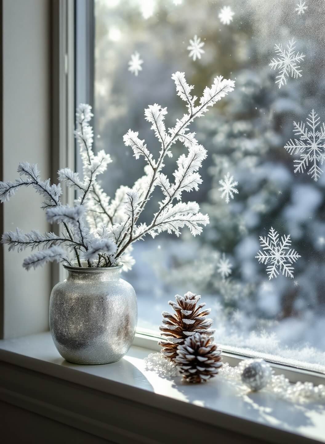 Winter window scene with frost effect, DIY mercury glass containers filled with frosted pine branches, pine cones, snowflake window clings, and crystal accents in a silver and white palette