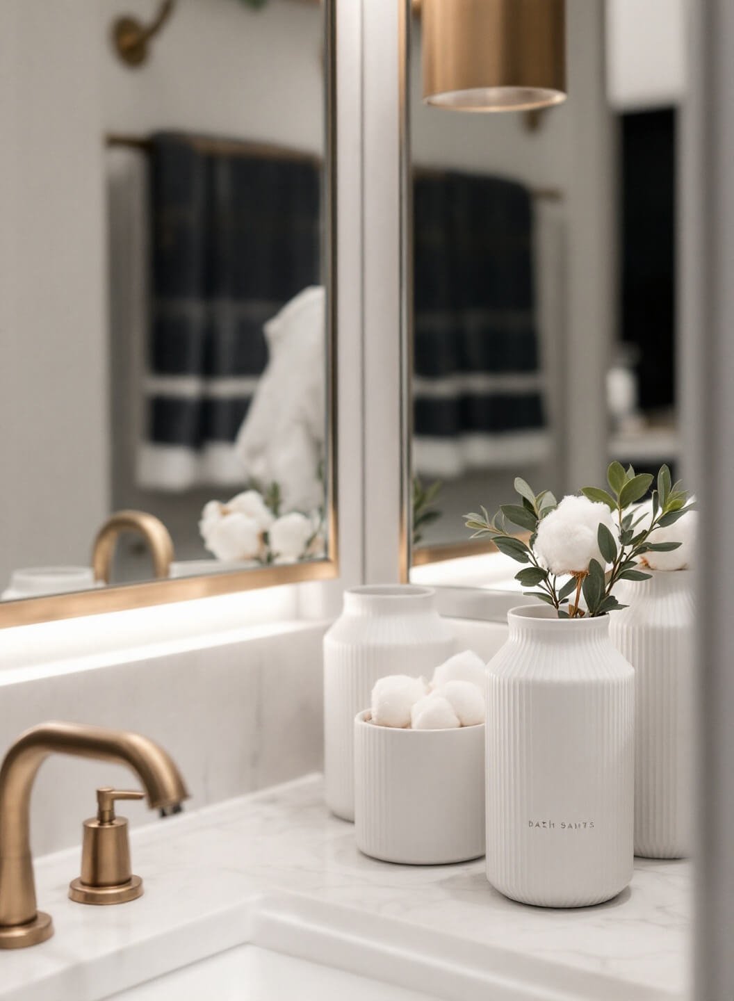 Modern bathroom vanity with bright indirect lighting, showcasing glass containers in matte white finish holding cotton balls, bath salts, and eucalyptus stems, reflected in a large mirror for a luxurious spa-like aesthetic.