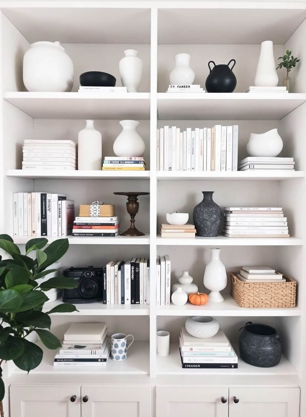 Stylish 6'x8' built-in bookshelf lit by mid-morning natural light, featuring beautifully arranged dollar store vessels and stacked books in white, cream, and black hues for a monochromatic theme.