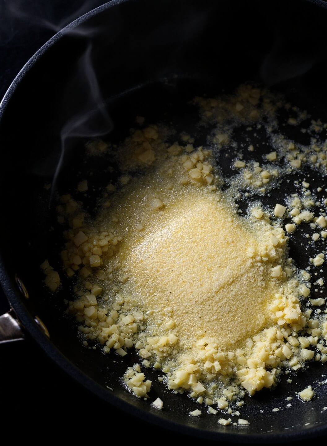 Bubbling golden butter and minced garlic in a skillet with rising steam against a dark background