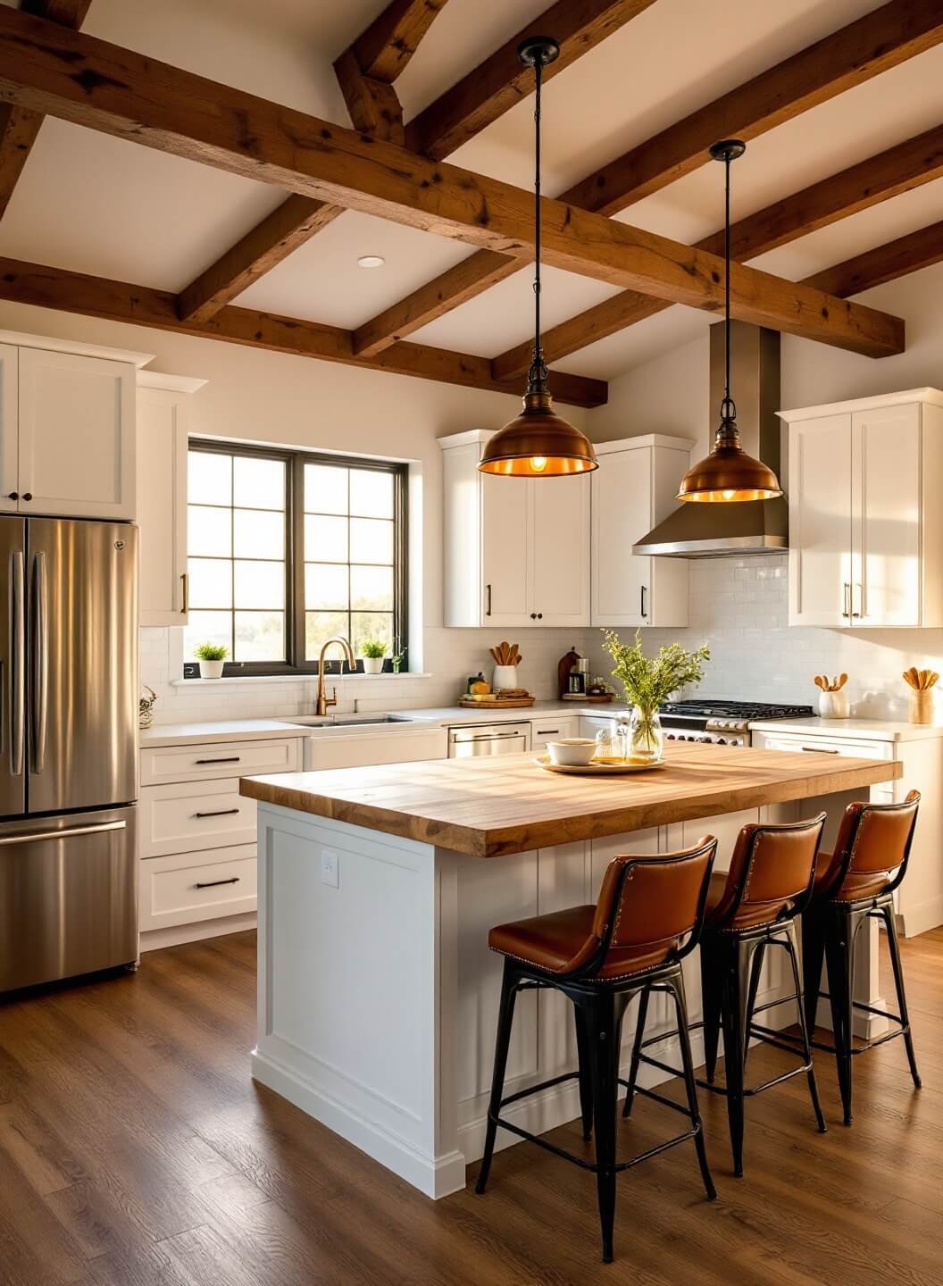 Sunlit modern kitchen with white cabinets, reclaimed wood island, stainless appliances, butcher block countertops, copper pendant lights, leather barstools, and 10ft high ceilings with wooden beams, accentuated by natural light from black-framed windows.