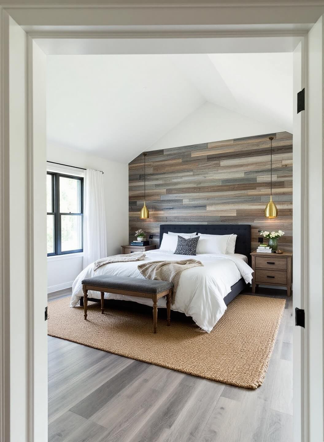 Master bedroom with vaulted ceiling, reclaimed wood headboard, brass pendant lights, vintage oak nightstands, on a gray flooring covered in jute rug lit by morning light through sheer white curtains