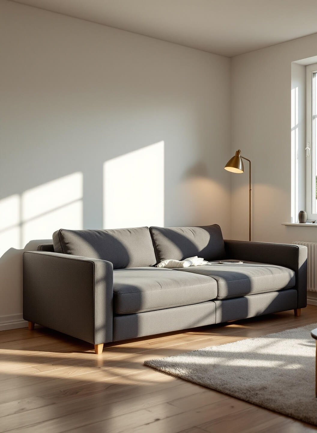 Modern studio apartment with a partially converted charcoal gray FRIHETEN sofa bed covered in warm afternoon light streaming from floor-to-ceiling windows.