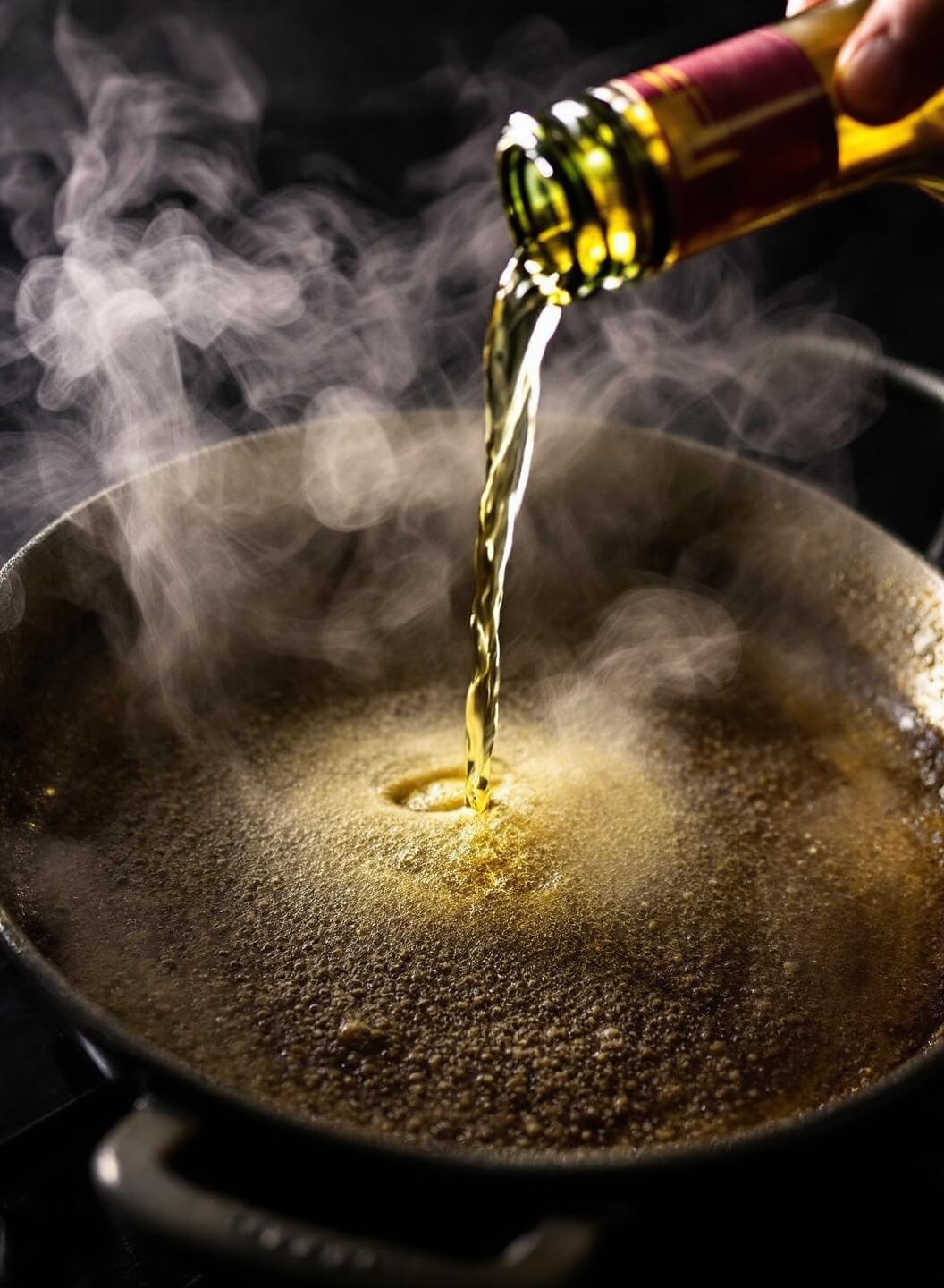 White wine being poured into a heated pan causing steam and bubbles, with brown fond on pan edges illuminated by dramatic side lighting