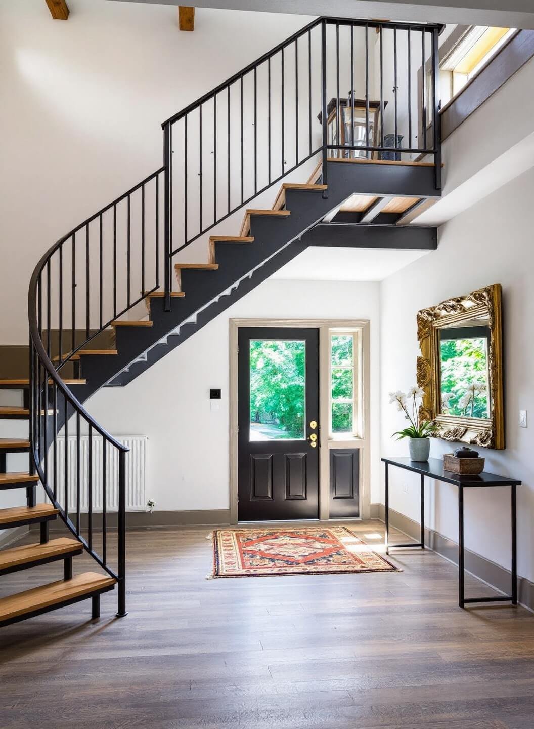 Dramatic modern entryway with a floating staircase, steel railings, warm wood treads, a minimalist black metal console table, vintage runner and an ornate gilded mirror, lit by natural light from clerestory windows.