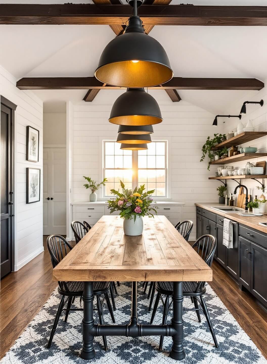 Industrial style open-concept kitchen with black steel beams, factory-style windows and a large reclaimed wood dining table at golden hour, highlighting contrast between black hardware and warm wood tones.