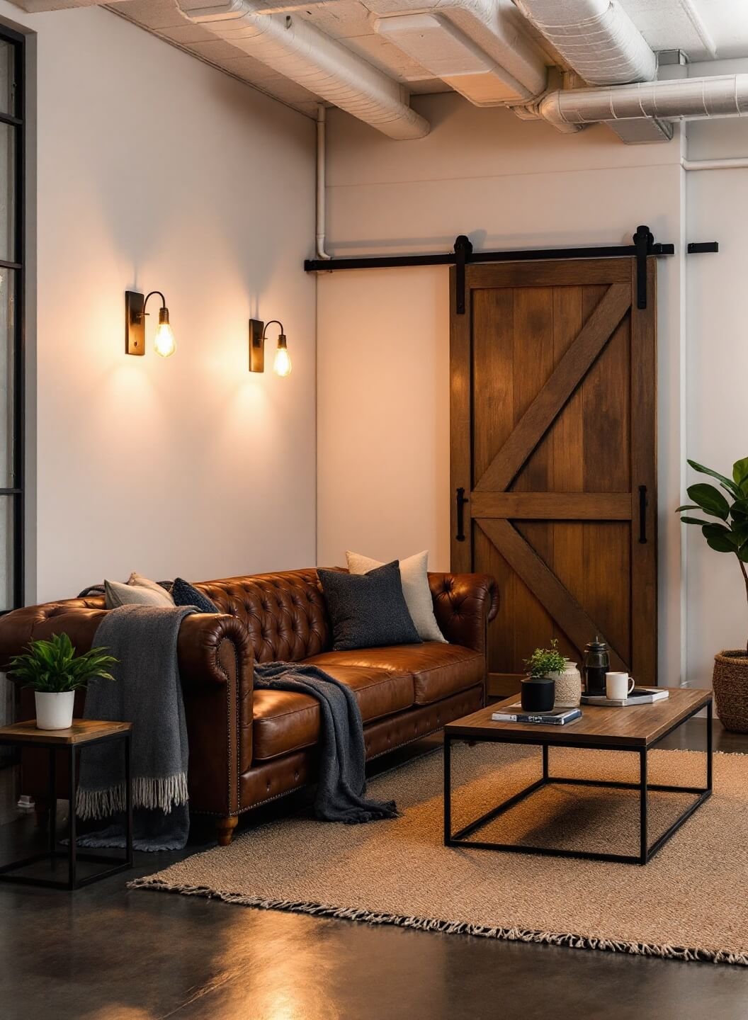 Dusk image of a spacious 15x18ft industrial-style living room featuring a dramatic sliding barn door, concrete floors lit by Edison bulb sconces, a leather Chesterfield sofa, metal side tables, a vintage factory cart coffee table, a woven jute rug, and a high ceiling with exposed ductwork.