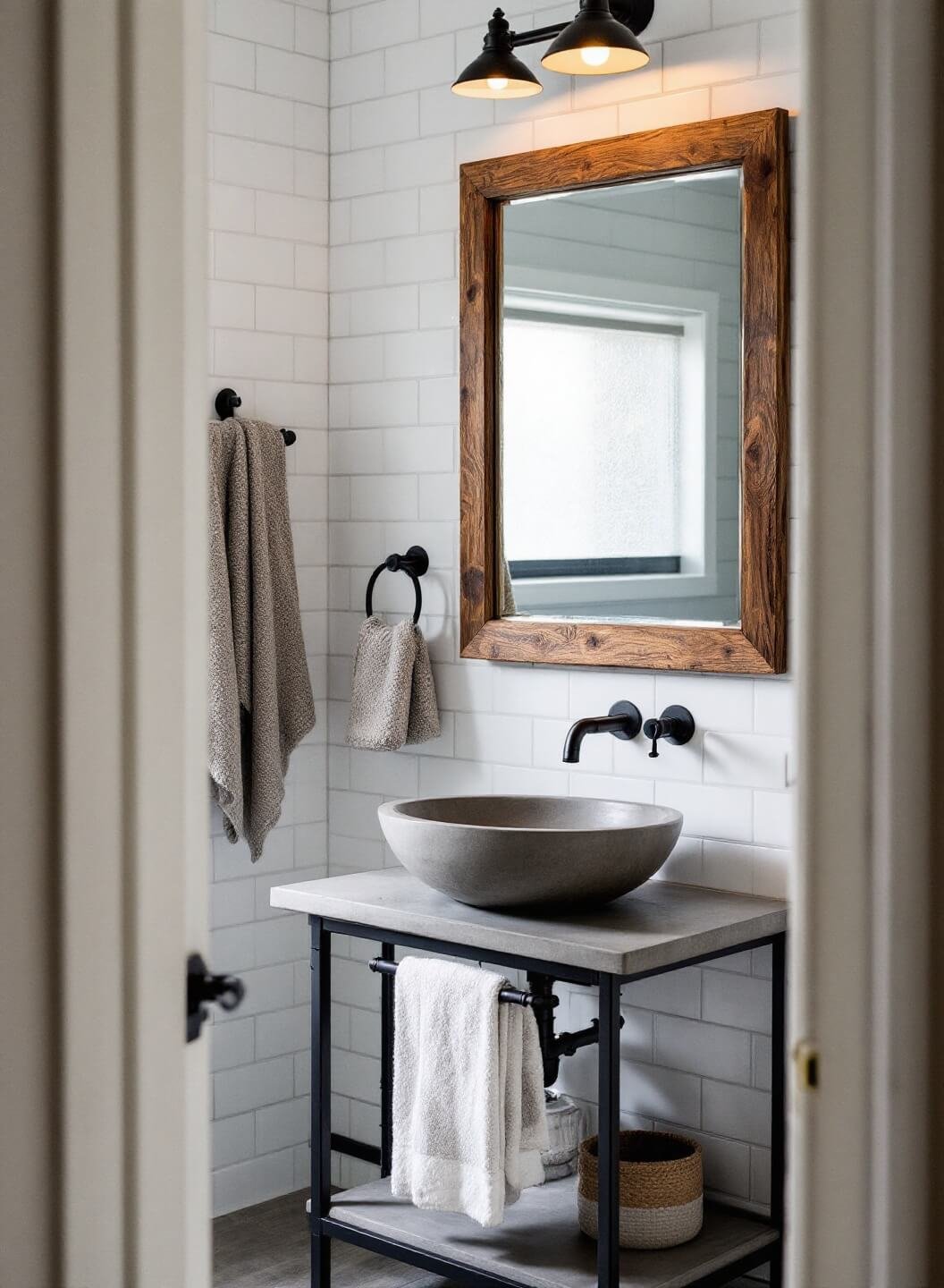 Sunlit intimate bathroom with concrete vanity, vessel sink, reclaimed wood mirror and subway tile walls