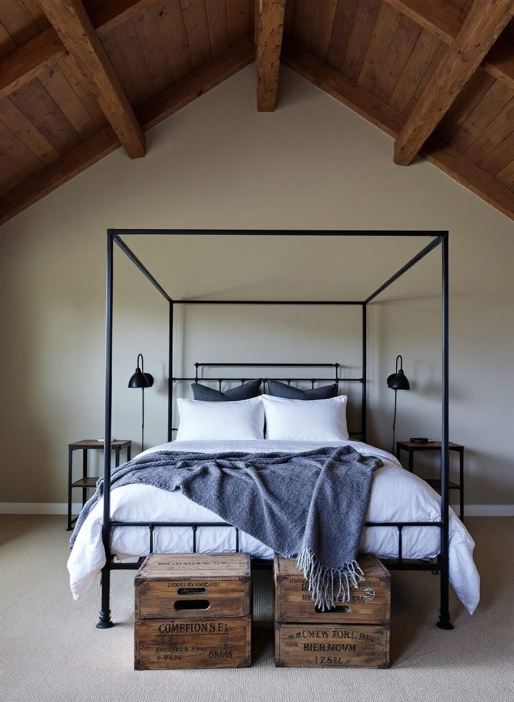 Moody master bedroom at twilight, showcasing a metal-framed canopy bed with white linens and grey blankets, vintage wooden crate nightstands with black steel sconces, and a high vaulted ceiling with exposed wooden beams