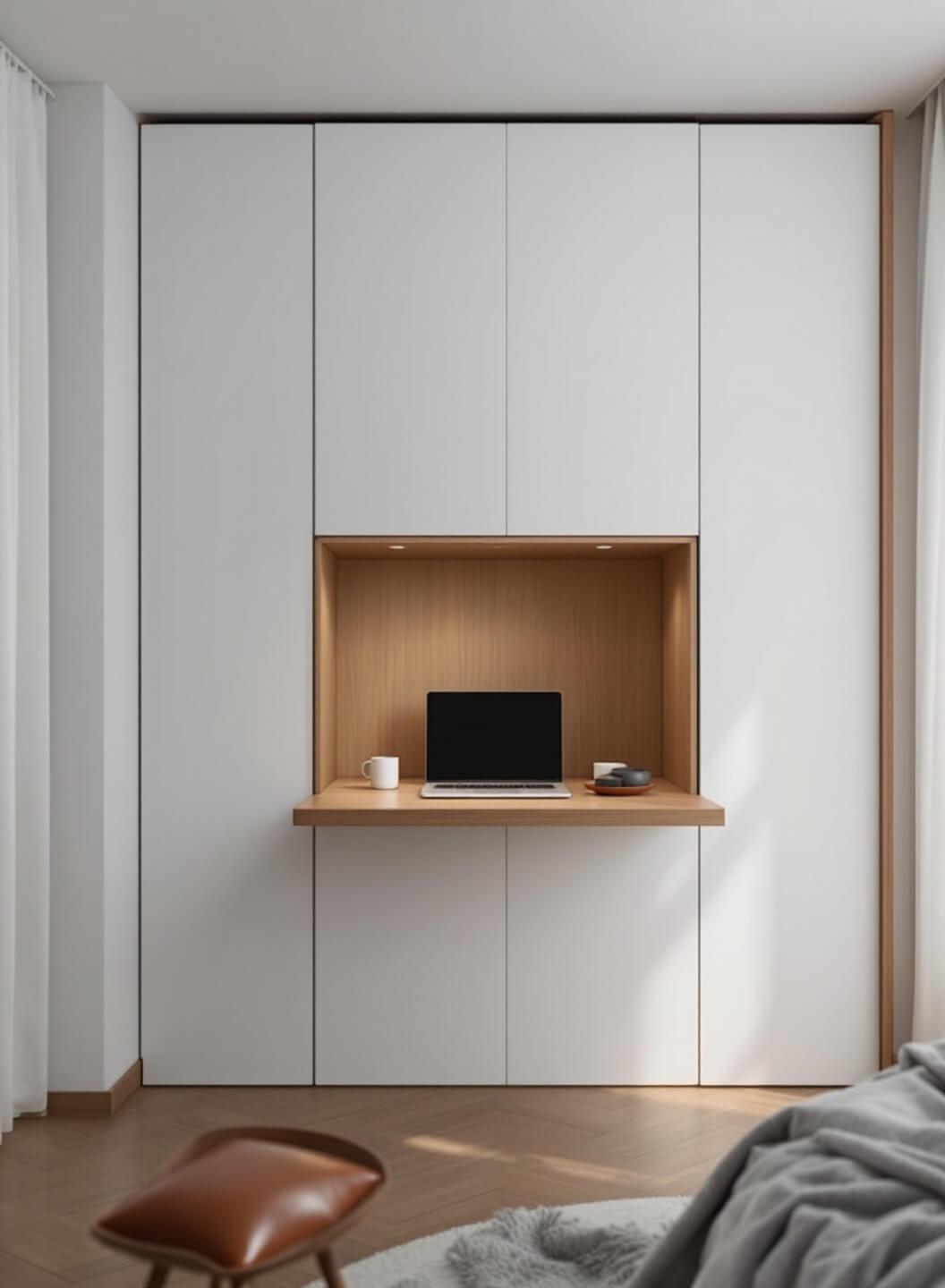 Minimalist home office with wall-mounted murphy bed turned desk in walnut finish, lit by morning sunlight through sheer linen curtains.