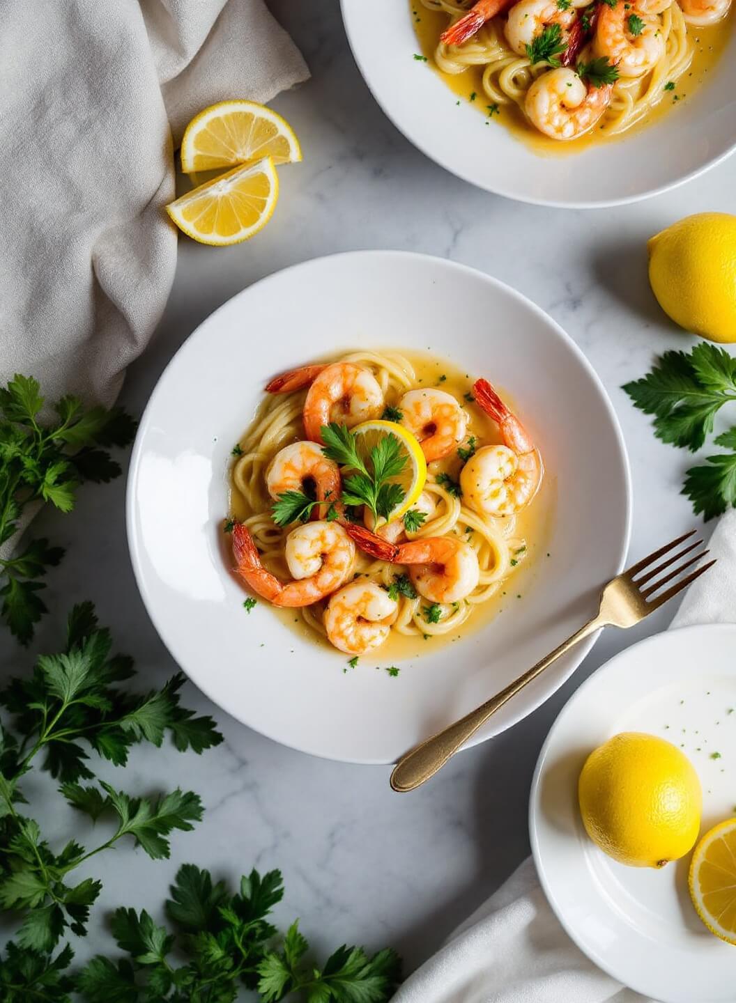 Overhead view of an elegant white bowl filled with shrimp scampi garnished with fresh parsley and lemon wedges, beautifully lit in a moody, restaurant-style setting.