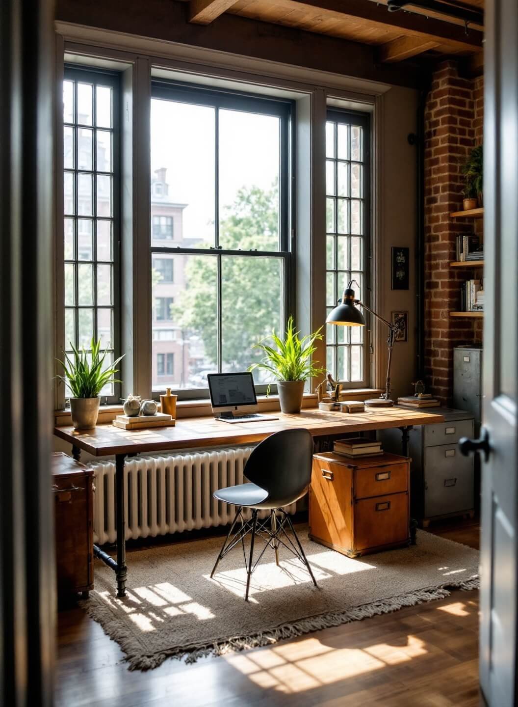 Home office nook bathed in morning light, featuring a black pipe and reclaimed wood desk, metal filing cabinet, vintage task lamp, leather accessories and weathered books.