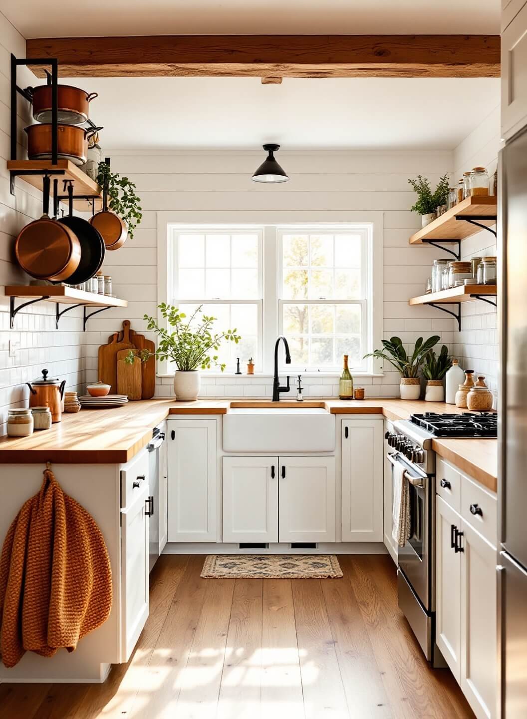 Sunny farmhouse kitchen with white shiplap walls, oak flooring, butcher block countertops, and vintage decor at golden hour