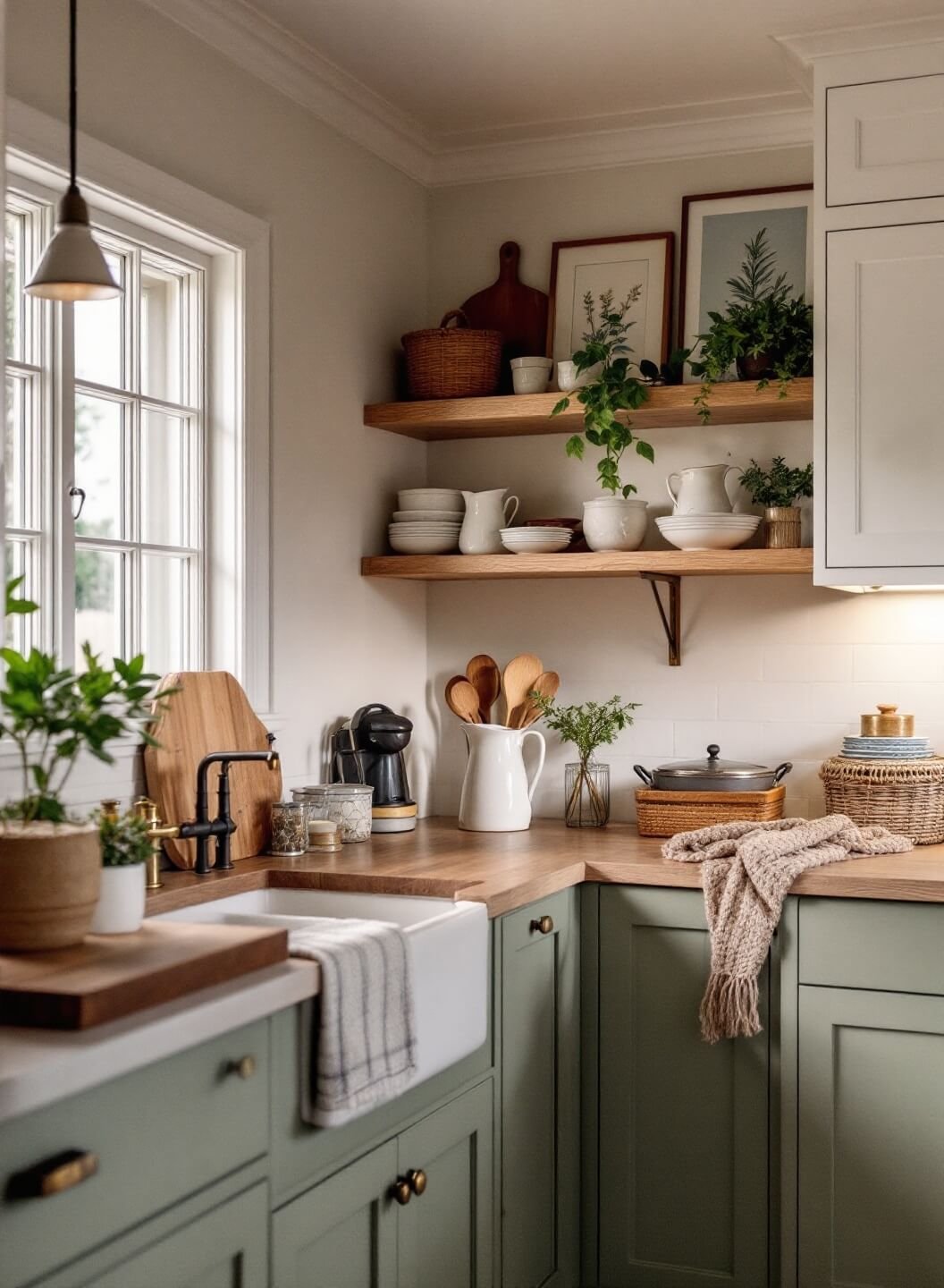 Vintage and rustic styled kitchen with sage green lower cabinets and white upper cabinets, adorned with ironstone pitchers and botanical prints on open shelving, under mixed ambient and warm light at dusk.