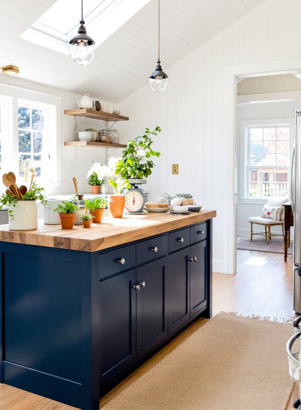 Bright morning kitchen with vaulted ceiling, navy blue island topped with reclaimed butcher block, white beadboard backsplash, and decor including earthenware crock, herb pots, vintage scale, grain sack pillows, and jute rug.
