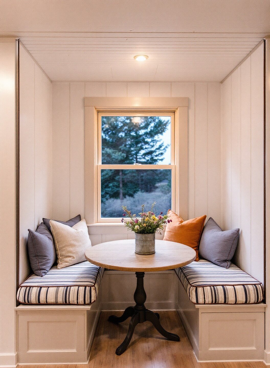 Cozy breakfast nook at blue hour with built-in bench seating, planked ceiling, round pedestal table with wildflowers, vintage quilts, and striped cushions in warm white and gray tones.
