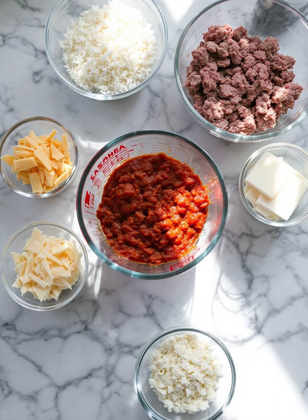 Overhead view of kitchen countertop with ingredients for lasagna - fresh ground beef, tomato sauce, and cheese in glass bowls under natural window light