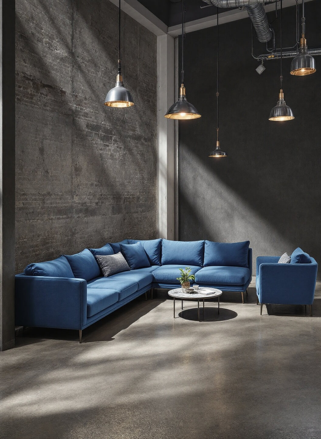 Elevated view of spacious contemporary urban loft featuring modular slate blue seating, industrial pendant lights and polished concrete floors