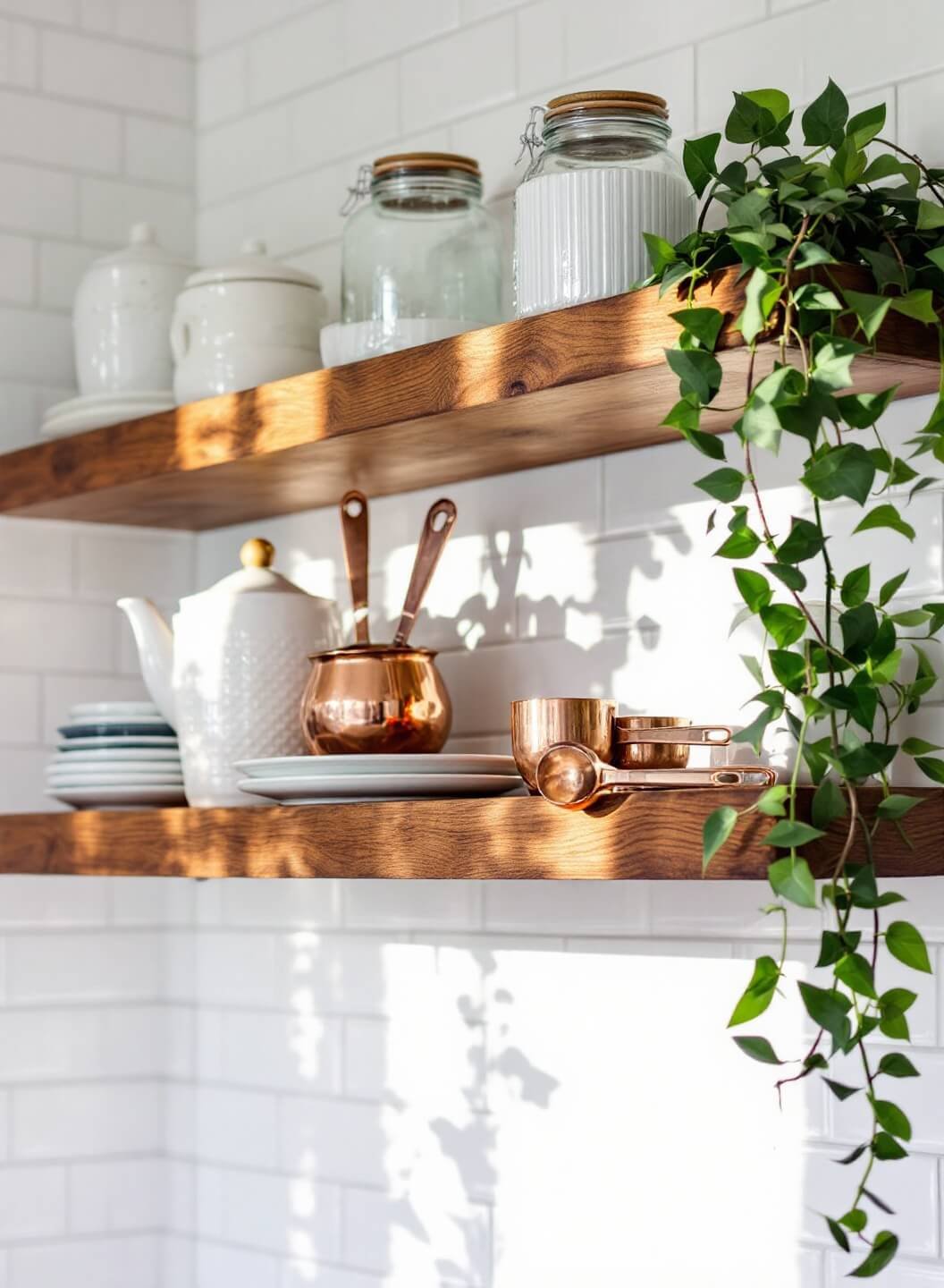 Close-up image portraying warm afternoon light illuminating three reclaimed wood shelves holding clear canisters, white ironstone, copper measuring cups, and trailing ivy against white subway tiles.