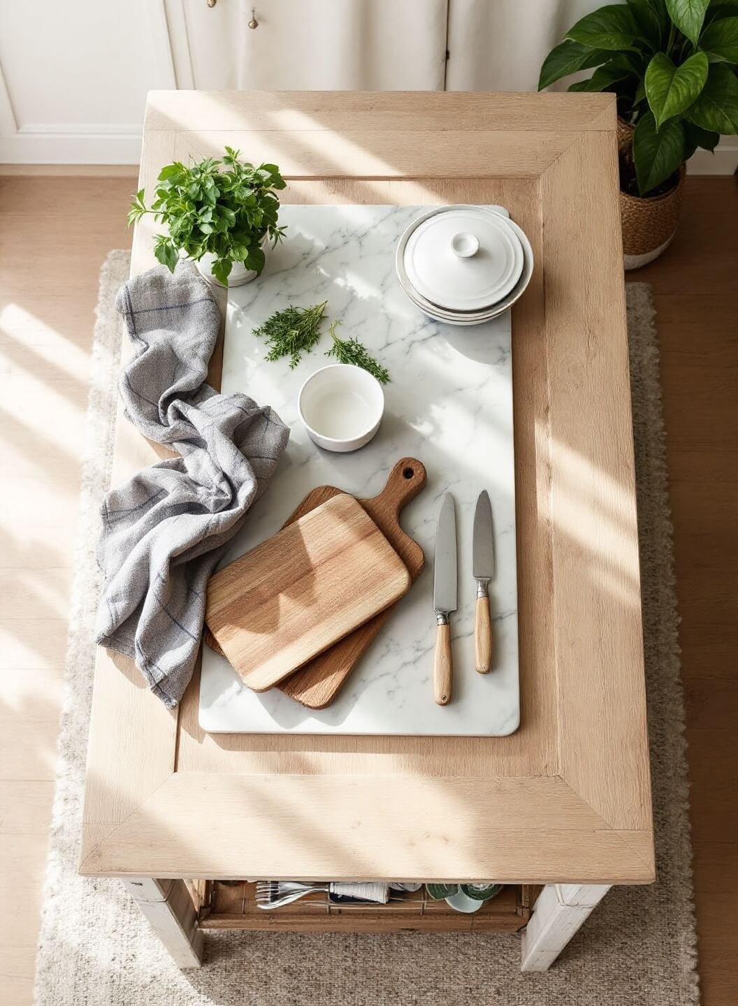 Overhead view of a distressed white oak kitchen island with marble pastry slab, styled with vintage breadboard, linen tea towels, and ceramic mixing bowls, accented by fresh herbs and warmed by natural light from clerestory windows.