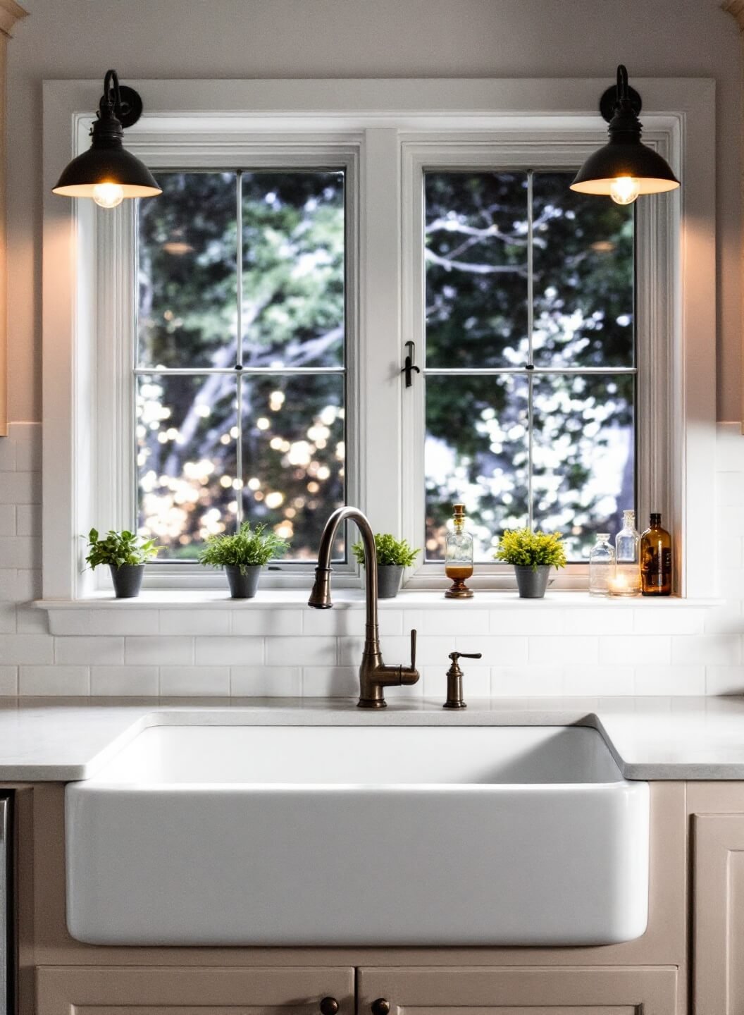 Cozy farmhouse sink area with white subway tile backdrop, black sconces, and warm lighting, featuring copper faucet and herb-decorated windowsill