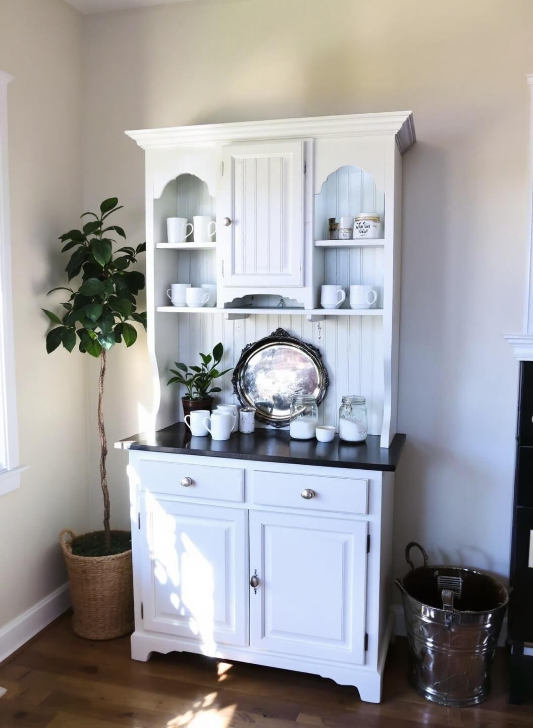 Vintage cream hutch converted into a morning coffee station, lit by golden morning light, adorned with white ceramic mugs, glass canisters, mason jars with raw sugar, and natural wood elements.