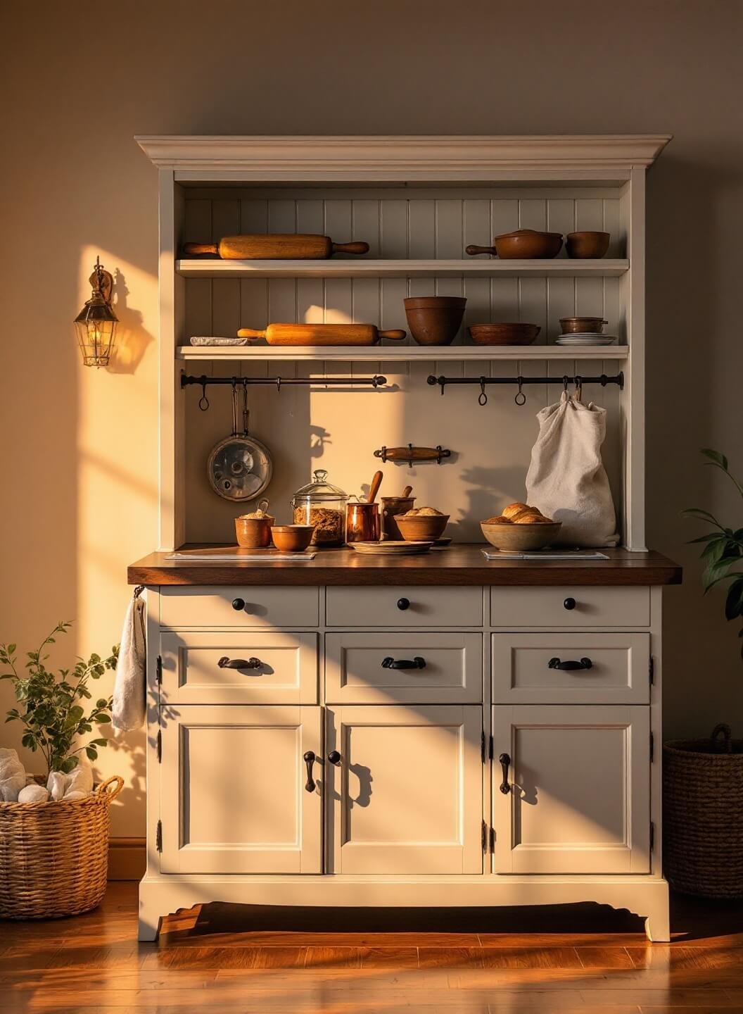 A vintage hoosier cabinet in soft gray at a baking center, lit by the warm glow of a sunset, styled with antique rolling pins, earthware mixing bowls, linen bread bags, and copper measuring cups glinting in the evening light.