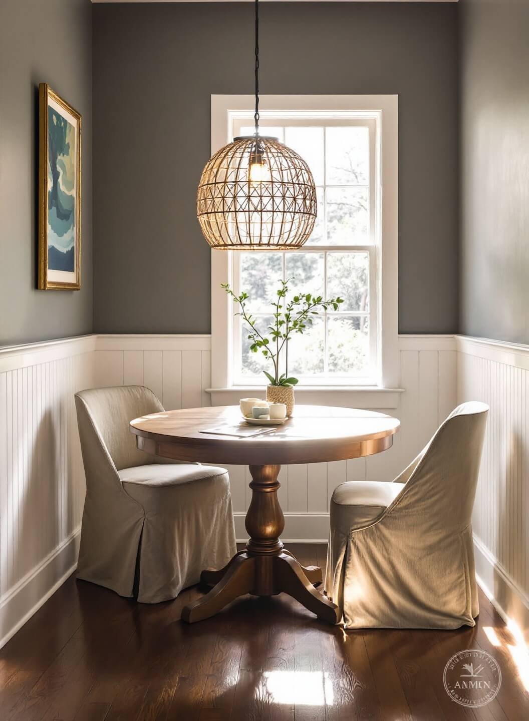 Cozy breakfast nook with 'Gray Owl' walls, white wainscoting, oak table, linen chairs, and a woven pendant light, illuminated by morning sunlight filtering through the window.