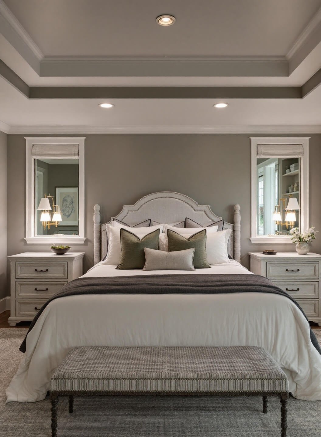 Elevated view of a 14'x16' master bedroom at dusk with a 'Revere Pewter' tray ceiling, featuring a symmetrical design with a centered king bed. The bed, adorned with cream and charcoal linens, and sage accent pillows, is flanked by whitewashed nightstands. The room is softly illuminated by warm lighting emanating from bedside sconces.