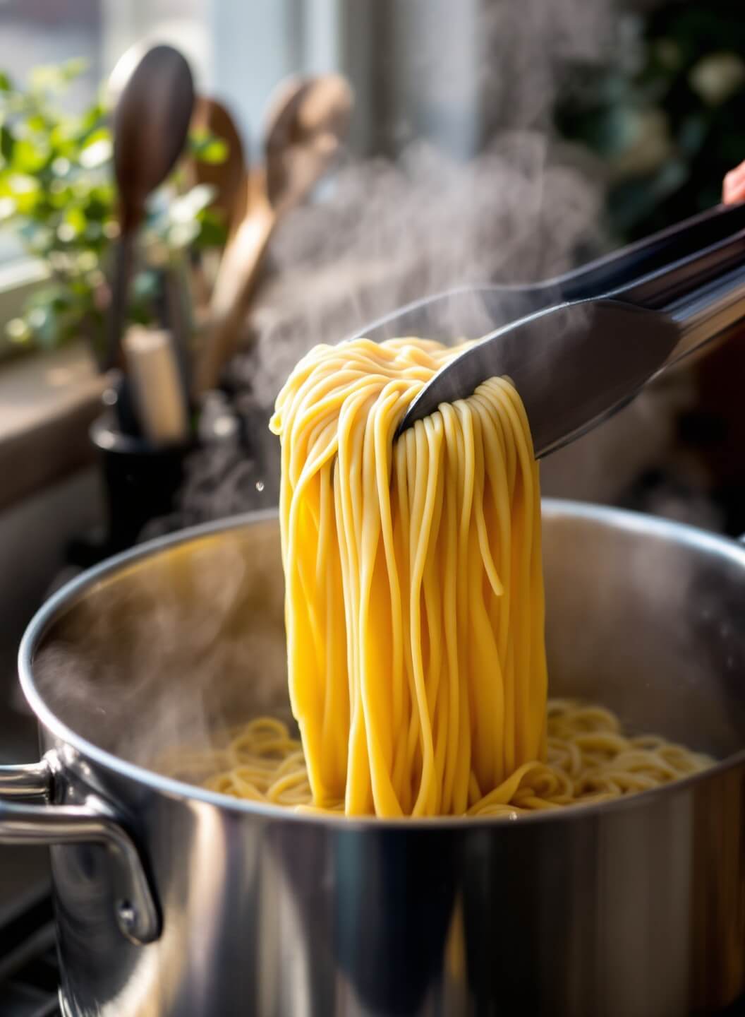 Lasagna noodles being lifted from a boiling pot with tongs, steam rising and water droplets illuminated by afternoon light