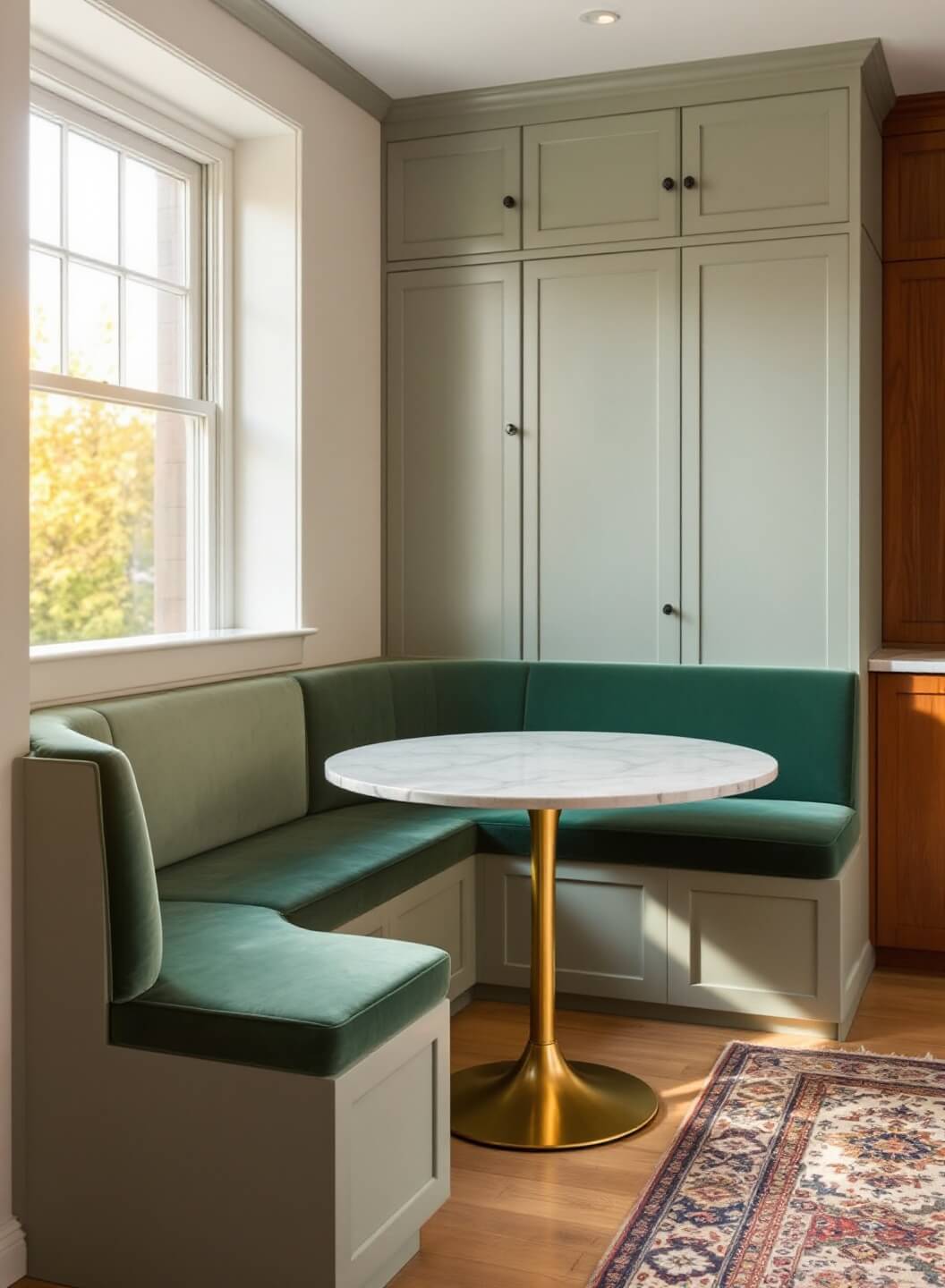 Breakfast nook in kitchen featuring sage green velvet banquette with hidden storage, brass and marble pedestal table under the golden hour light streaming through a garden window