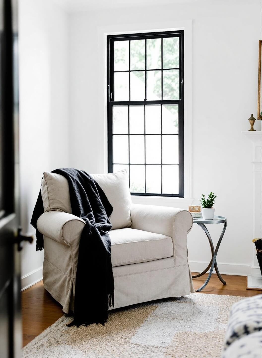 Oversized oatmeal linen armchair with charcoal throw in a cozy reading corner with 'Simply White' walls, a black metal-framed window, vintage side table, and natural jute rug, beautifully lit by window light