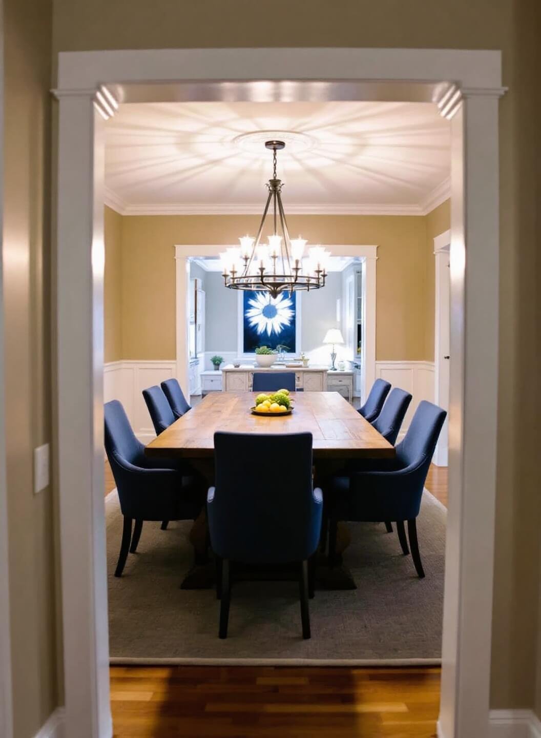 Dining room at twilight highlighting a statement chandelier casting dramatic shadows over a reclaimed wooden farmhouse table, mixed seating, and navy upholstered host chairs, viewed from the doorway. Warm beige walls with white trim further enhance the ambiance.