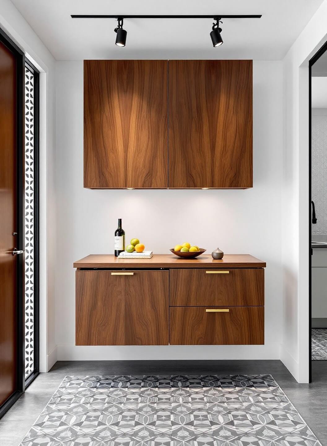 Modern multifunctional entryway with floating console transforming into a dining table, rich walnut veneer, white walls, brass hardware details, track lighting, and geometric wallpaper captured with wide-angle lens