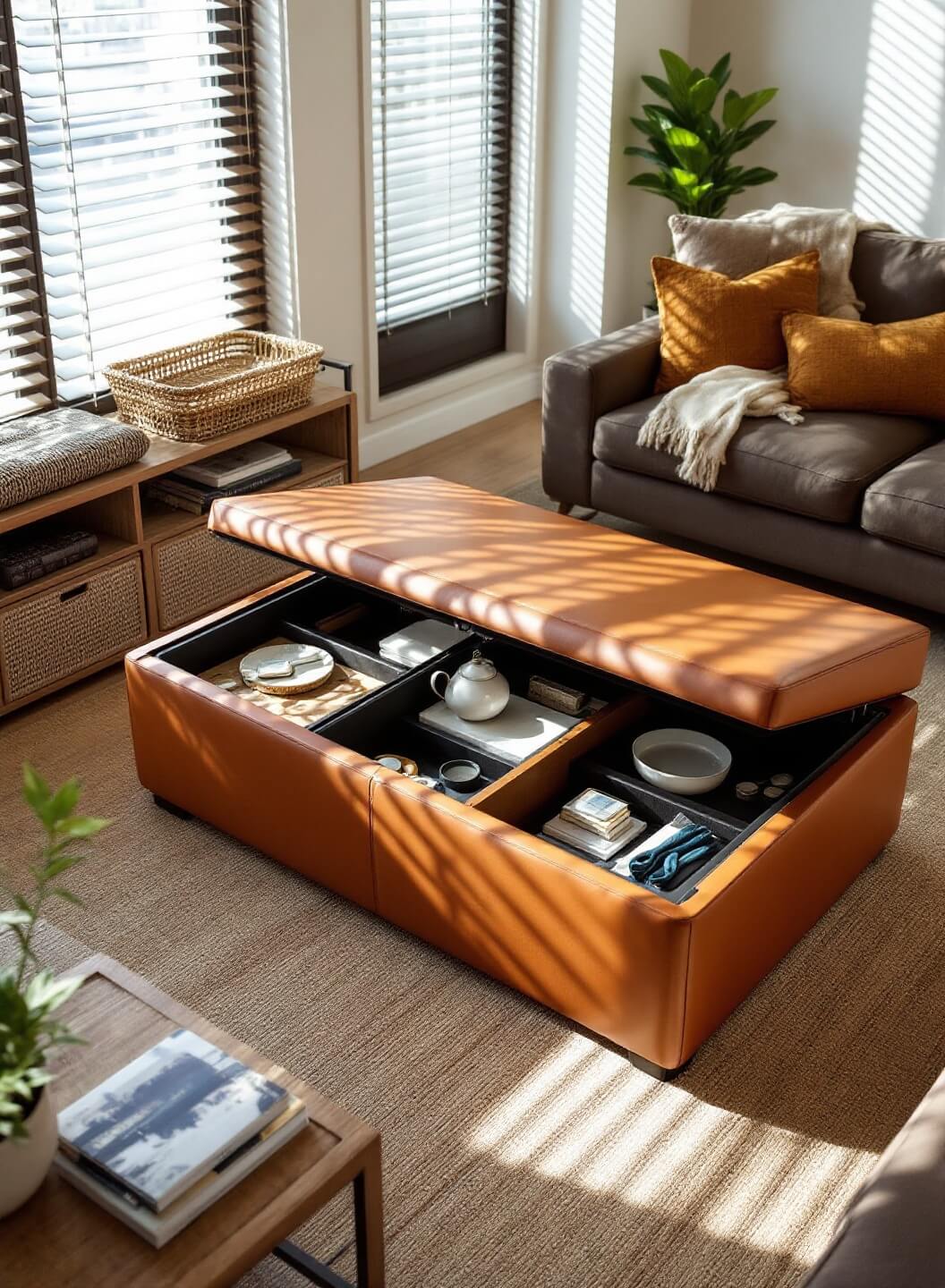 Overhead view of a compact living room featuring a large cognac leather ottoman coffee table with hidden storage compartments, enhanced by afternoon sunlight filtering through slatted blinds and highlighting woven textiles and brushed metals.