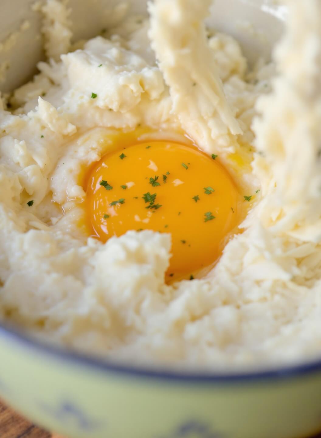 Mixing creamy ricotta, shredded mozzarella, and beaten egg in a vintage ceramic bowl with specs of dried parsley under soft lighting