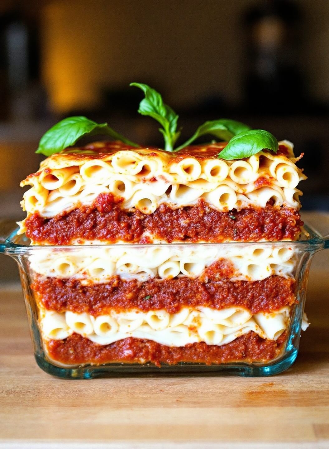 Cross-section of lasagna in a glass dish showing layers of sauce, pasta, and cheese, garnished with fresh basil under warm kitchen lighting