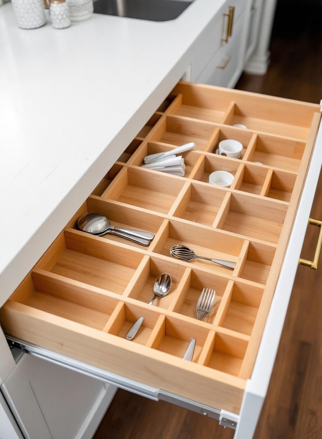 Aerial view of a compact 8'x12' kitchen with open white cabinets revealing bamboo dividers, brass handles and an organized drawer system, framed by clean white countertops and evenly lit by overhead lighting.