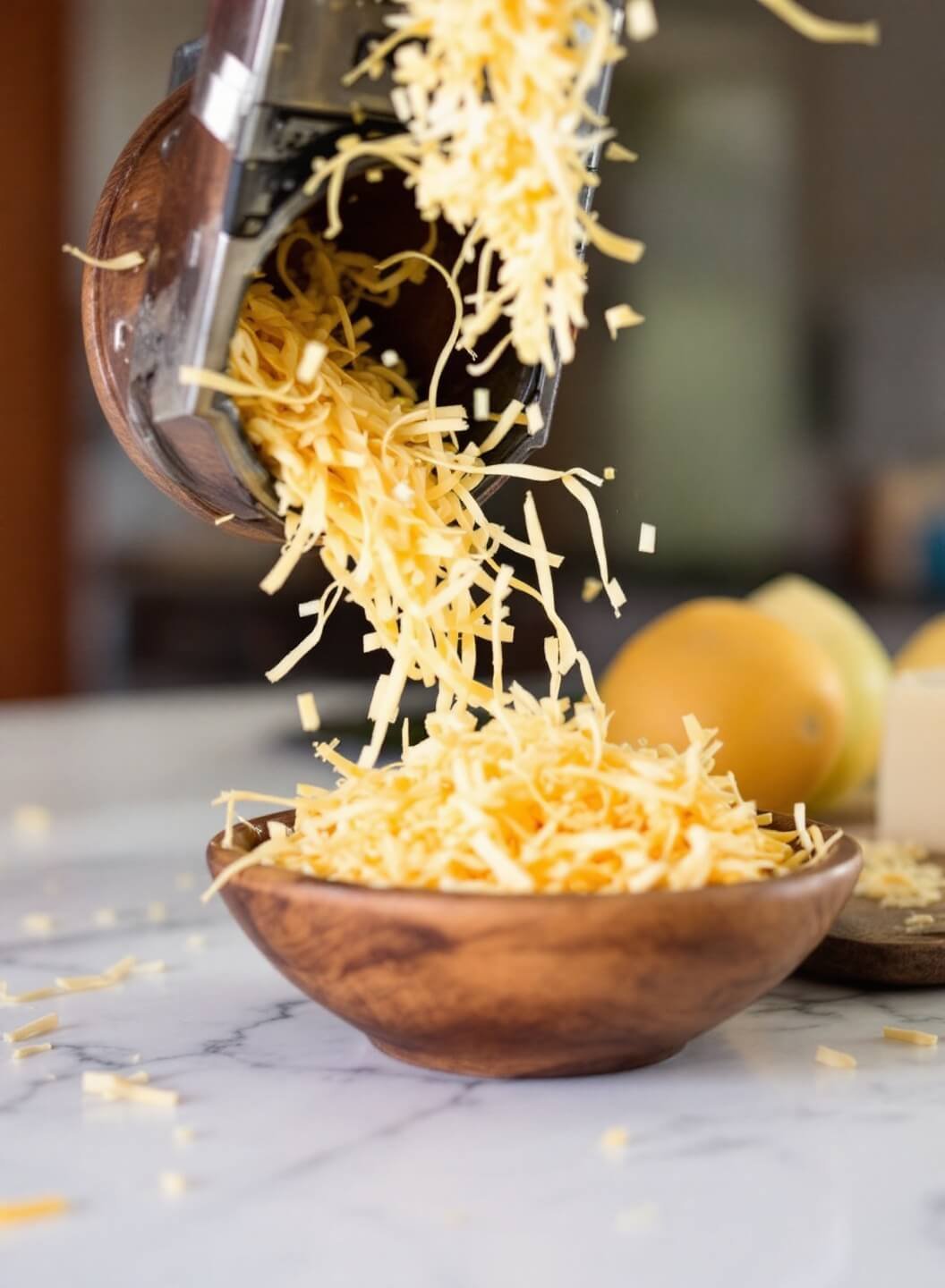 Freshly grated cheddar and Gruyere cheese falling into wooden bowl on marble countertop, lit by warm kitchen light