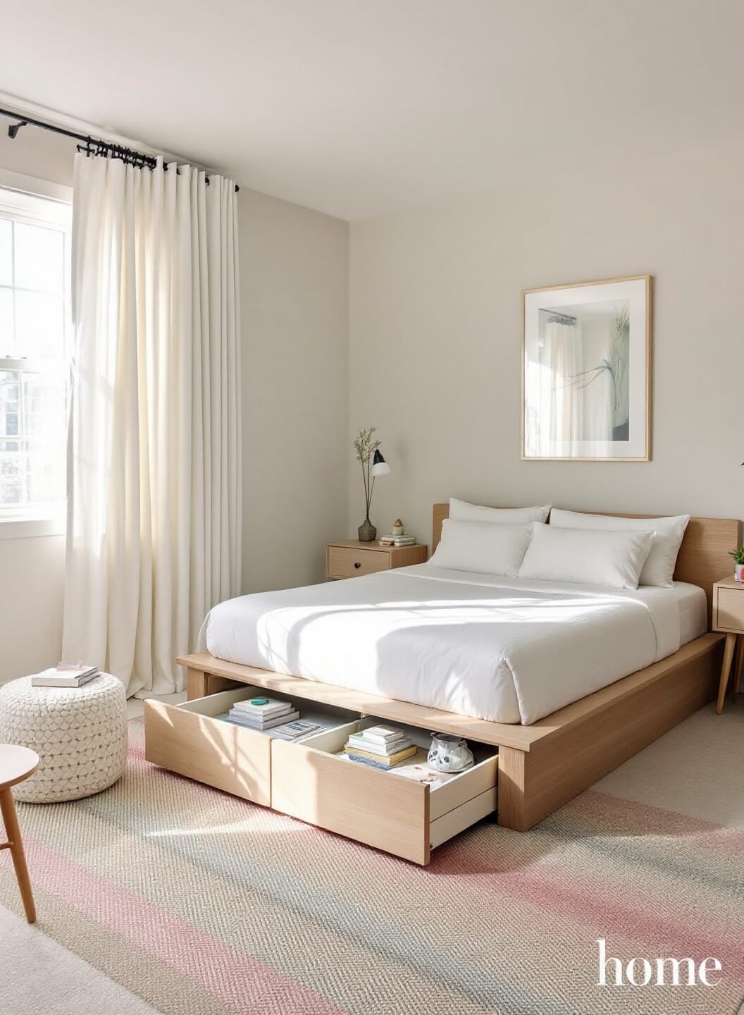 Master bedroom with platform bed featuring integrated drawer storage, bathed in early morning light through white curtains, highlighting blonde wood finish and white bedding with hidden storage.