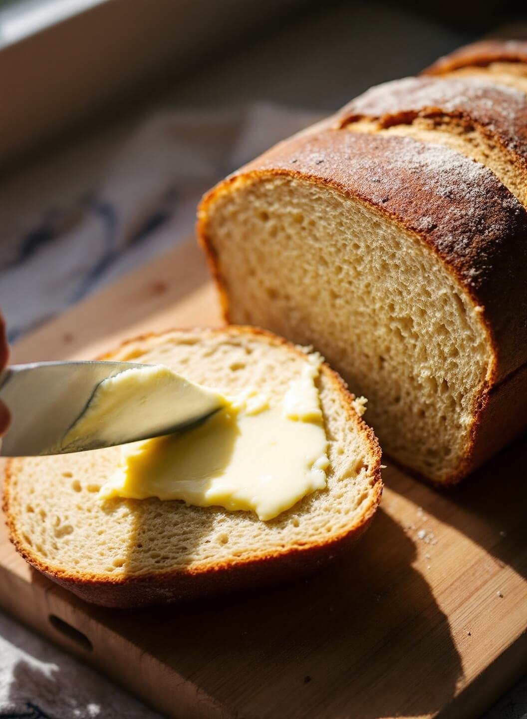 Artisanal sourdough bread slices being spread with butter in morning sunlight