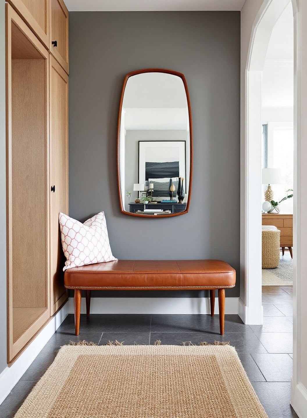 Spacious 12'x15' entryway with slate flooring, built-in birch storage, vintage cognac leather bench under a teak mirror, and a woven wool runner leading to the living area, captured in natural side lighting.