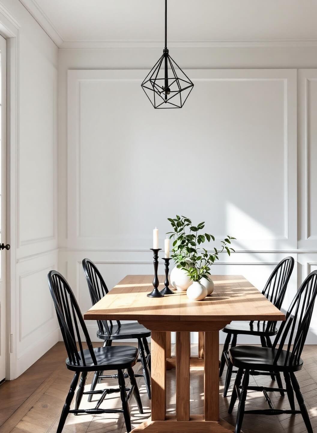 Bright white dining room with architectural details, solid oak table surrounded by black Windsor chairs, styled with white ceramic vessels and black candlesticks, illuminated by natural light and a black metal pendant fixture.