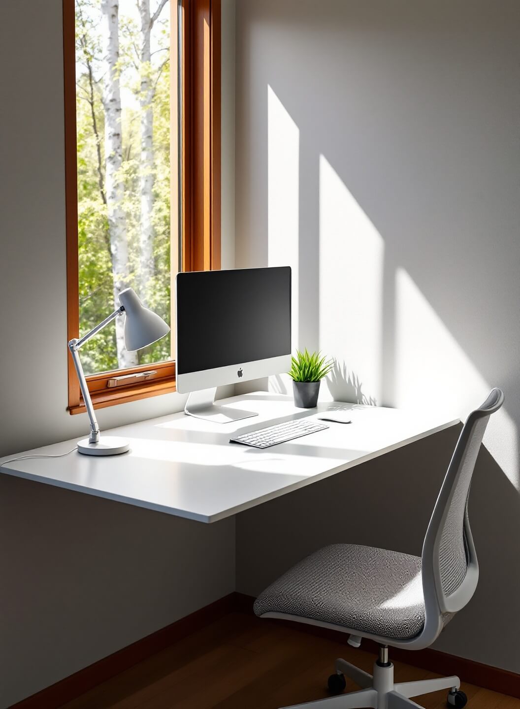 Sleek minimalist floating desk setup in a brightly lit 8x10ft room with warm oak floors and cool gray walls, featuring a white task lamp and slim monitor on articulating arm, and a low-profile chair tucked underneath.