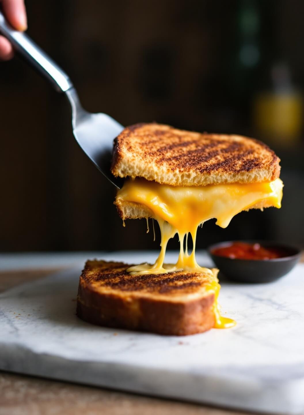 Spatula expertly flipping a golden-brown grilled cheese sandwich with melting cheese stretching between the halves in a warmly lit kitchen