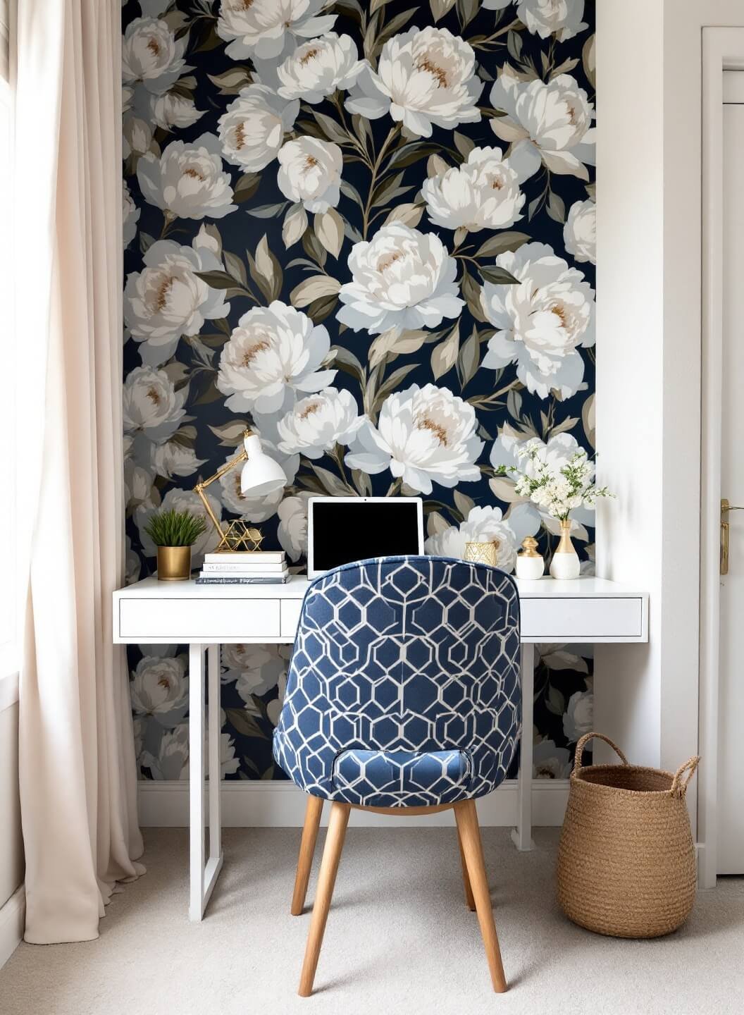 Above-view of a cozy home office nook with statement floral wallpaper, geometric-patterned desk chair, and brass accessories, displaying the interaction of patterns under natural midday lighting