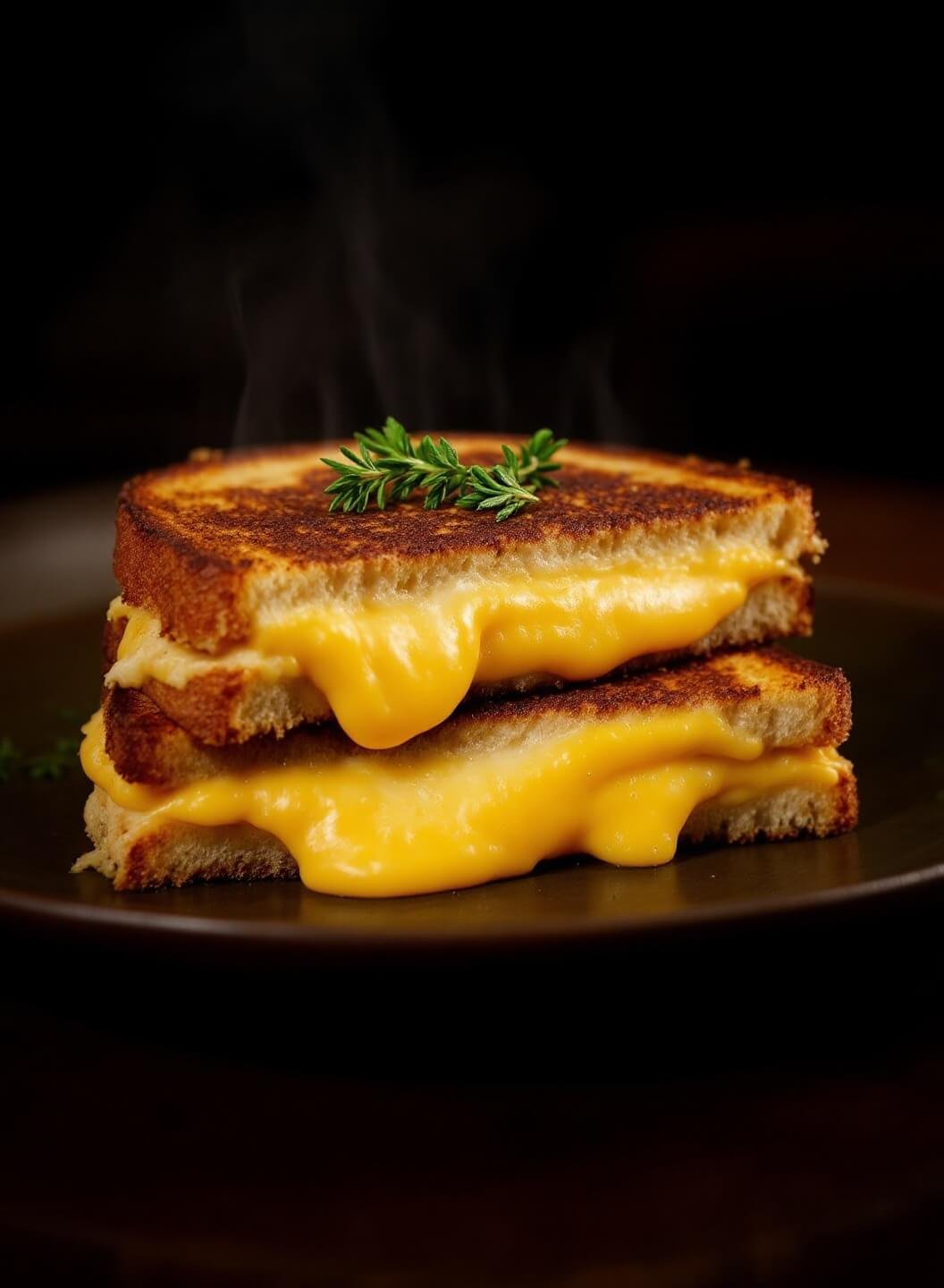 Diagonal cross-section of golden-brown grilled cheese with melted cheese pulls on rustic plate, garnished with thyme under dim restaurant lighting